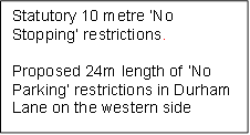 Statutory 10 metre ‘No Stopping’ restrictions.

Proposed 24m length of ‘No Parking’ restrictions in Durham Lane on the western side 

