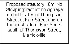 Proposed statutory 10m ‘No Stopping’ restriction signage on both sides of Thompson Street at Farr Street and on the west side of Farr Street south of Thompson Street, Marrickville