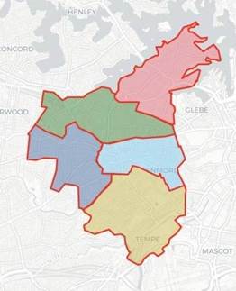 Map showing the geographical boundaries of the Inner West Local Government Area. Withing the boundaries five areas (wards) are outlined and shown in five different colours.  

